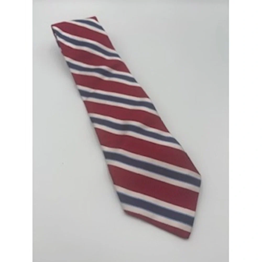 TOMMY HILFIGER 100% Silk Necktie One Size Red Blue White Striped Classic Preppy‎